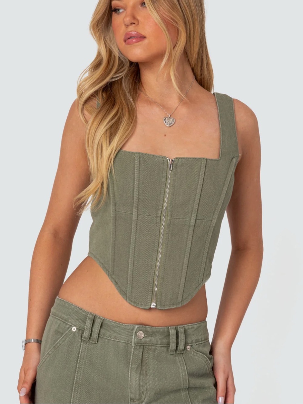Edikted Olive Green Zip Front Corset Crop Top